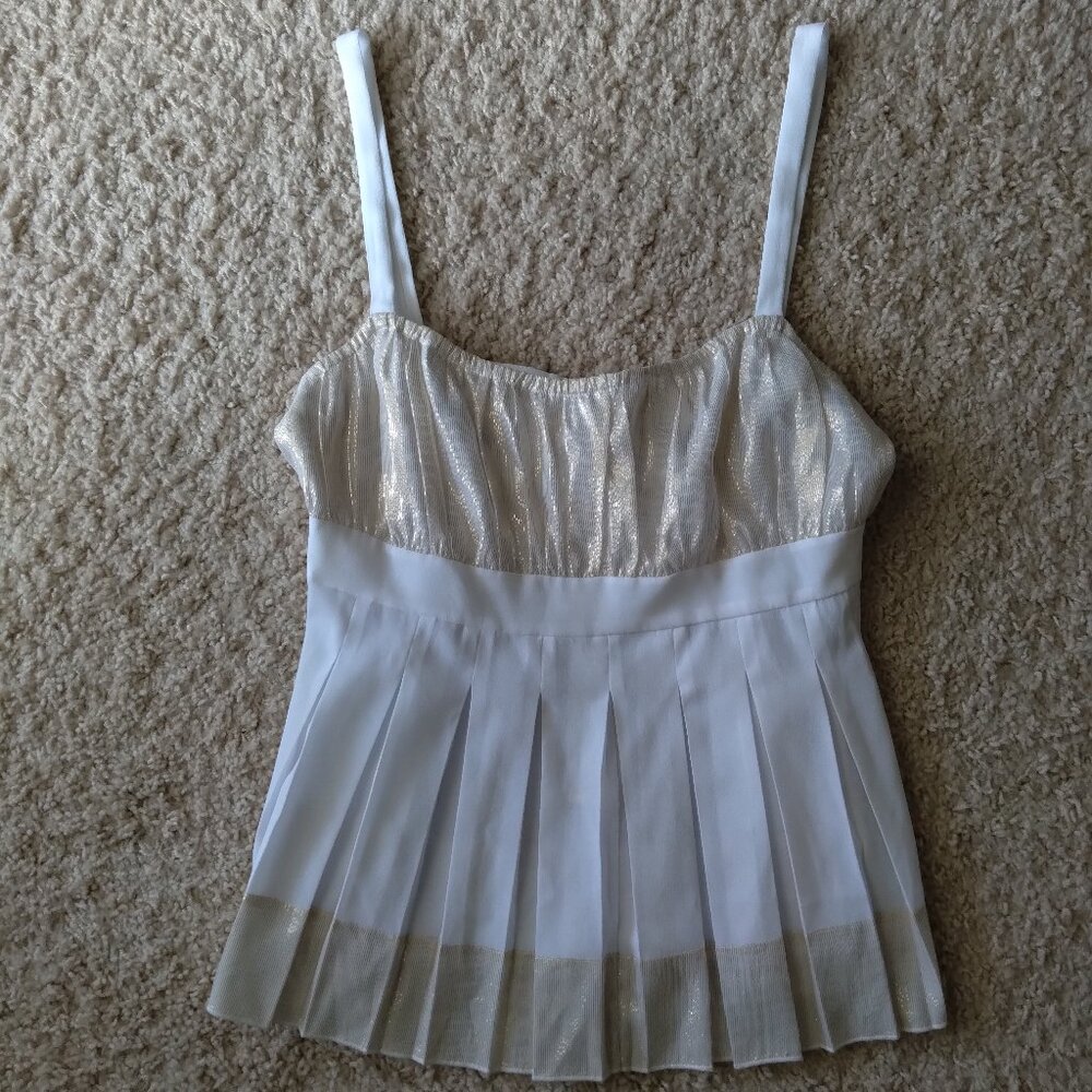Vintage 90s/Y2K Cache White Babydoll Pleated Tank Top with Gold Metallic Thread